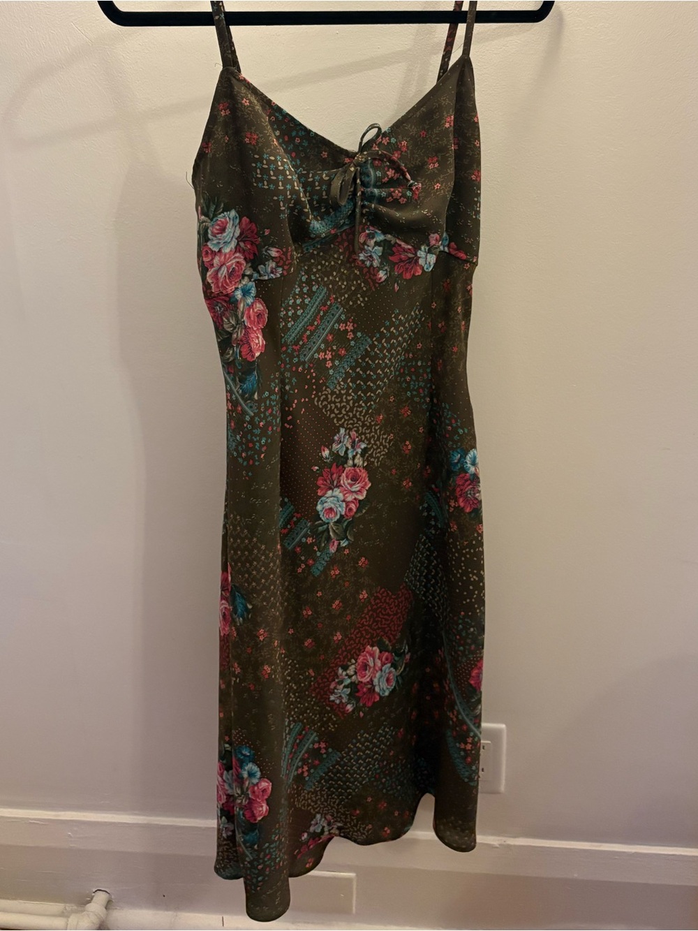 Olive Green Floral Midi Slip Dress with Pink Rose Accents